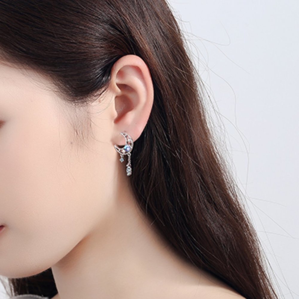 NEW 925 Sterling Silver Diamond Moon Earrings K - Picture 5 of 8